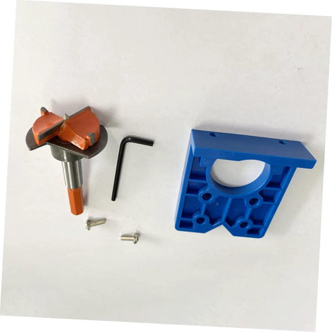 Front view of OSALADI hinge boring drill kit: blue plastic mounting jig, orange-tipped metal bit, hex key, screws.