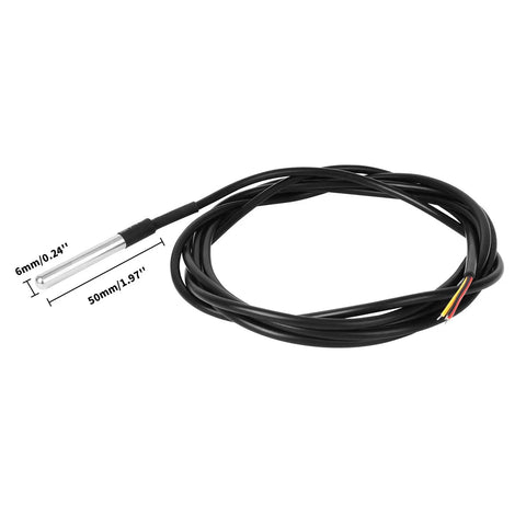 Six Pack DS18B20 Temperature Sensor Probes 2M Waterproof Stainless Steel Temperature Probe Kit For Arduino ESP32 Xiao And Other Development Boards Minus 55C To 125C Range DIY Maker Friendly, showing one probe with 2m cable