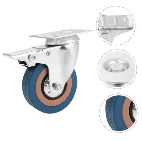 Four Piece Heavy Duty Swivel Caster Wheel Set With Threaded Stem And Retractable Furniture Rollers Built Tough, detailed view of a single caster wheel with stainless steel and rubber.