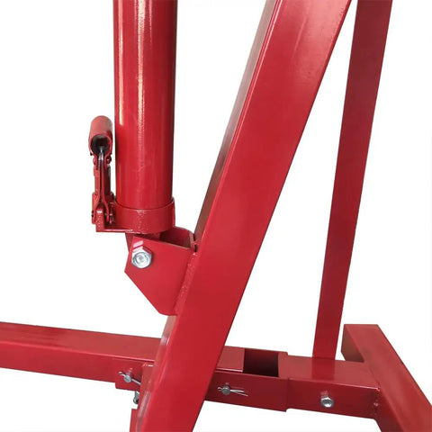 Close-up of the hydraulic lifting mechanism of the Heavy-Duty 2 Ton Hydraulic Engine Hoist Cherry Picker in red.