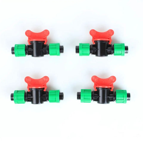 Set of four Irrigation In Line Barbed Shut Off Valve With Locking Fitting for half inch drip tape tubing against white background.