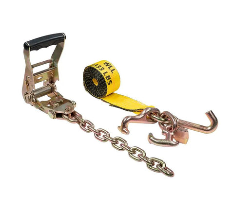 4 Pack Heavy Duty Tie Down Straps For Auto Towing With RTJ Cluster Hooks, 2 Inch By 8 Foot, G70 12 Inch Chain Extension, 3335 Lbs WLL