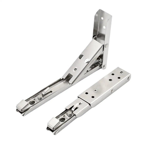 Heavy Duty Folding Shelf Brackets 2 Pack Stainless Steel Collapsible Wall Mounts Built Tough As Nails Silver 14 Inch image showing brackets folded up.
