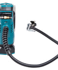 Cordless 18V Li Ion Inflator With Digital Backlit Gauge showing hose attachment and valve adapter storage