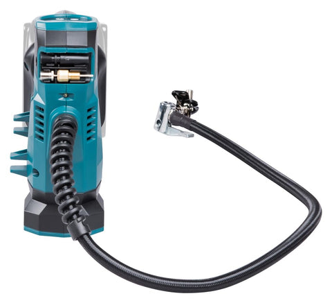 Cordless 18V Li Ion Inflator With Digital Backlit Gauge showing hose attachment and valve adapter storage