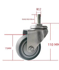 Rock Solid 3 Inch Swivel Caster Wheels With Brake And M12 Threaded Stem, showing a detailed side view and measurements.