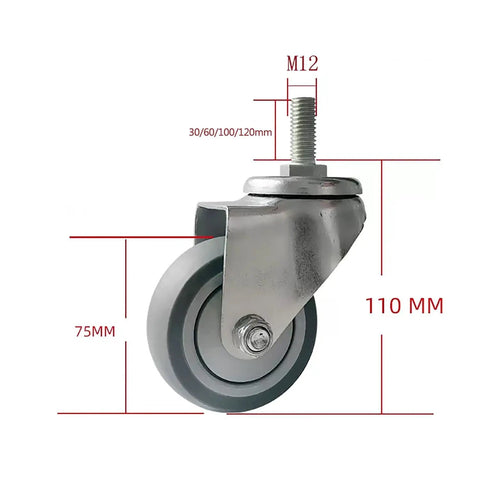 Rock Solid 3 Inch Swivel Caster Wheels With Brake And M12 Threaded Stem, showing a detailed side view and measurements.