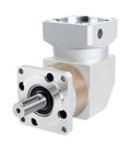 Top Shelf 60mm Right Angle Planetary Gearbox With 5 10 20 Or 50 To 1 Reduction Ratios Hella Smooth Torque Output Built Tough For Mounting Directly On 60mm Servo Motors Featuring A No Nonsense 14mm Drive Shaft in silver aluminum finish.