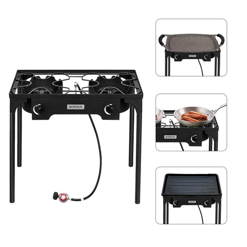 2 Burner Outdoor Portable Propane Stove With Cast Iron Burners And Detachable Stand Legs For Camp Cooking
