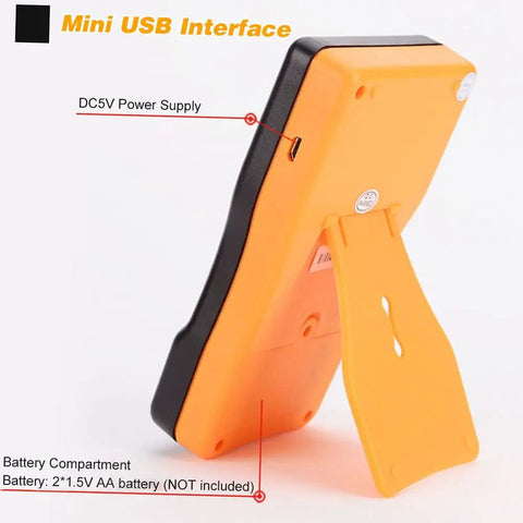 Back view of ESR Capacitor Tester Meter showing mini USB interface and battery compartment.