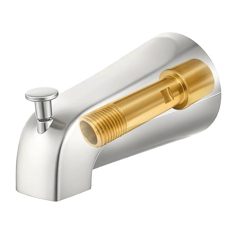 Brass tub spout adapter with chrome housing; fits 3/4 in and 1/2 in IPS pipes; includes diverter repair kit.