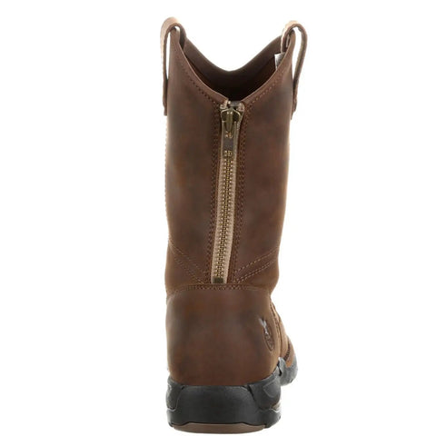 Men's Brown Moc Toe Work Boots Pull On Style With Back Zipper Electrical Hazard Rated Flexible Unlined Sole Lightweight Ride Built Tough For Long Hard Shifts