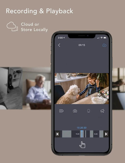 Mobile app interface showcasing 2K Indoor WiFi Baby And Pet Camera With 360 Degree Pan And Tilt AI Motion Tracking Crystal Clear Night Vision