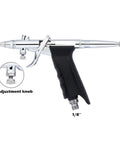 Slick Dual Action Pistol Trigger Spray Gun And Airbrush Kit Featuring Ace 0.3mm 0.5mm 0.8mm Tips With Matched 2cc 7cc 13cc Cups showing adjustment knob and detail.