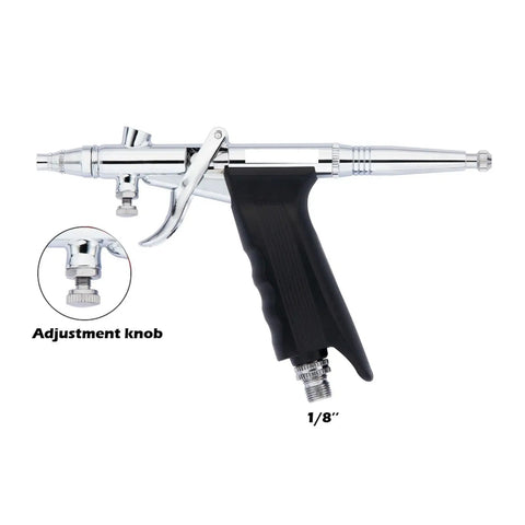 Slick Dual Action Pistol Trigger Spray Gun And Airbrush Kit Featuring Ace 0.3mm 0.5mm 0.8mm Tips With Matched 2cc 7cc 13cc Cups showing adjustment knob and detail.