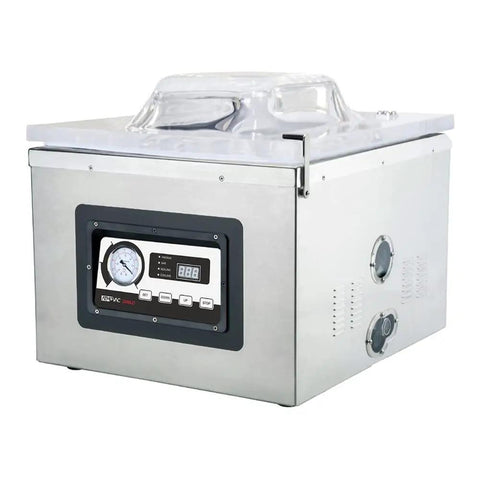 Heavy Duty Commercial Chamber Vacuum Sealer With Dual 17 Inch Seal Bars And Stainless Steel Countertop Body Built Like A Tank For Zero Hassle Food Prep And Serious Kitchen Grind Sessions, stainless steel unit with digital controls.