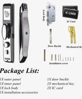 Drop Your Clunky Keys For This Rock Solid Fingerprint Door Lock With App Remote Override Password Entry IC Card Backup Electronic Digital Security For Your Everyday Home showing panels, lock body, keys, and accessories.