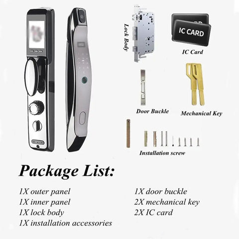 Drop Your Clunky Keys For This Rock Solid Fingerprint Door Lock With App Remote Override Password Entry IC Card Backup Electronic Digital Security For Your Everyday Home showing panels, lock body, keys, and accessories.