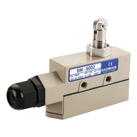 Horizontal Roller Plunger Micro Switch TZ 6002 with M20 cable gland, aluminum shell, heavy-duty dual actuators displayed.