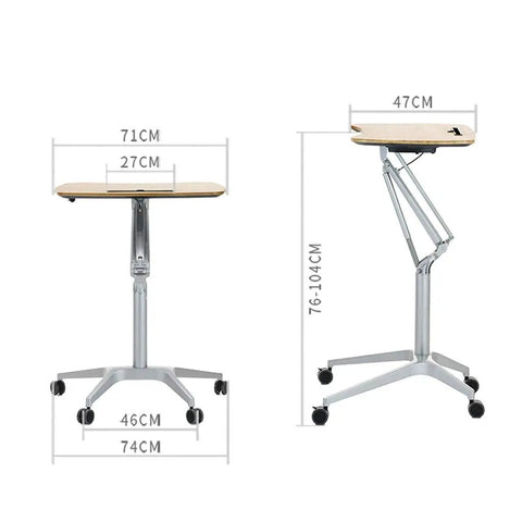 Hassle Free Pneumatic Sit Stand Laptop Desk Cart With Smooth Lever Adjustments, dimensions 71x27cm top, height 76-104cm.