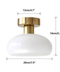 Mid Century Modern Bathroom Ceiling Light Small Black Milk Glass Drum Shade Semi Flush Mount with brass fixture and dimensions