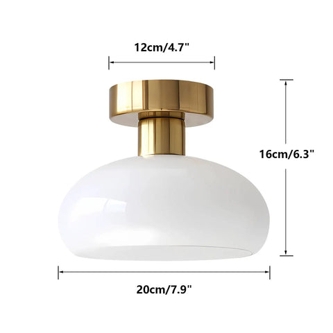 Mid Century Modern Bathroom Ceiling Light Small Black Milk Glass Drum Shade Semi Flush Mount with brass fixture and dimensions