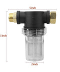 Garden Hose Inlet Filter Kit For Three Quarter Inch High Pressure Washers, Inline Sediment Filter With 40 Mesh Screen, dimensions shown