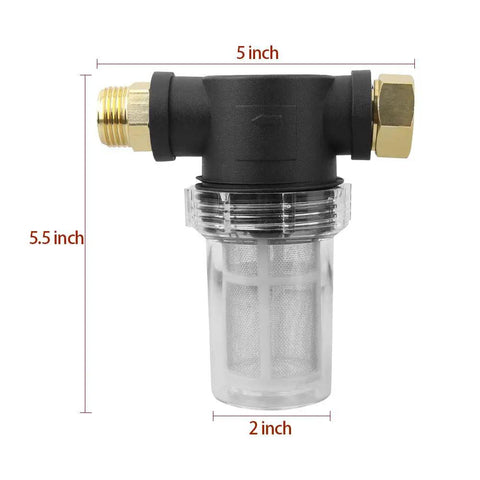 Garden Hose Inlet Filter Kit For Three Quarter Inch High Pressure Washers, Inline Sediment Filter With 40 Mesh Screen, dimensions shown