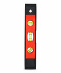 Spirit Level, 3, 23CM with three vials, featuring a red plastic body and sturdy black ends for precise leveling tasks.