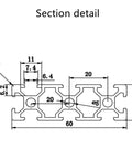2060 Aluminum Profile Extrusion Rail Set For 3D Printers section detail with measurements