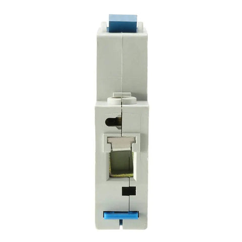Side view of One Pole 20A 230/400V Low Voltage Miniature Circuit Breaker Din Rail Mount DZ47-63 C20 For Electrical Panels, Fast Trip, 4000A Interrupting Capacity, 35mm DIN Rail Compatible.