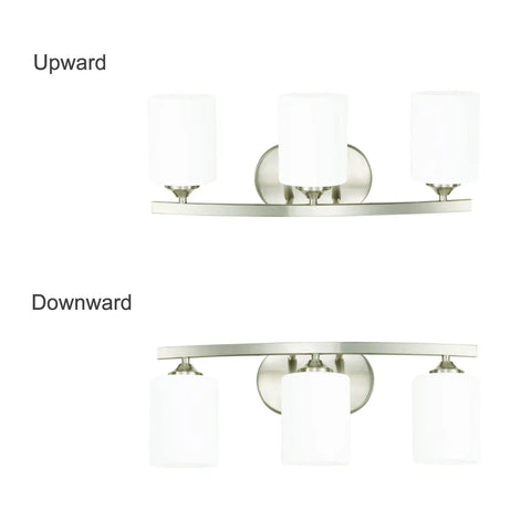 Three Light Vanity Light Fixture In Brushed Nickel With White Glass Shades For Bathroom Vanity Lighting 21 Inches Long E26 Base Delivers Dope Sleek Modern Look For Any Bath shown in upward and downward positions