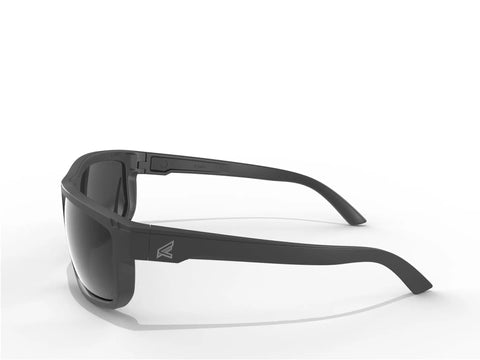 Side view of Wayfarer Style Safety Sunnies with Polarized Smoke Vapor Shield Anti Fog Z87 Glasses Matte Black Frame Shatter Resistant