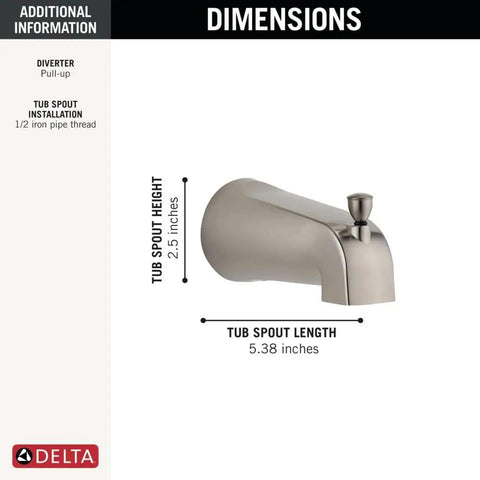 Brushed Nickel Diverter Tub Spout, Five And Three Eighths Inch Reach, One Half Inch IPS Thread, Pull Up To Redirect Water From Tub To Shower Head, Works With Foundations And Windemere Bath Collections, Solid Metallic Construction shown