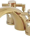 Mini Widespread Bathroom Faucet In Polished Brass With Durable Brass Zinc Alloy Build Deck Mount Four To Eight Inch Three Hole Installation 1.2 GPM Flow At 60 PSI One Half Inch IPS Connection Dope Cylindrical Design Duraseal Washerless Cartridge