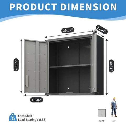 Wall Mounted Tool Cabinet With Locking Metal Storage And One Shelf For Garage Organization Built Tough In Black And Gray Finish For Your Home Workshop And Utility Rooms, 30.31x29.52x11.81 in