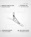 Stainless Steel Triangle Shelf Bracket Wall Mount For Floating Shelves, Heavy Duty Kitchen And Living Room Storage Support, 15.7 By 5.9 By 1.2 Inches, One Piece shown with features.