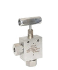 Needle valve for high‑pressure hydrogen; square metal body with side ports and top adjustment knob, GITO.