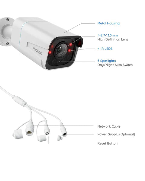 4K PoE Outdoor Security Cam With 123 Degree Field Of View And 5X Optical Zoom, Color Night Vision, showing ports and features