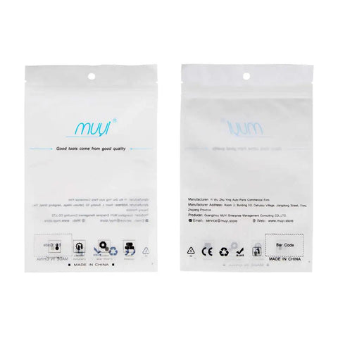 Front and back view of white retail packaging with product information and MUYI branding