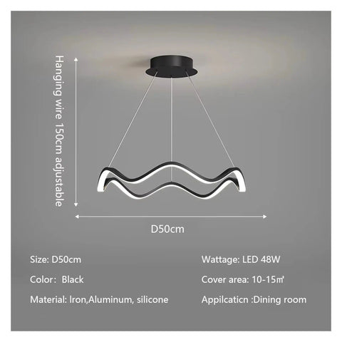 Circle Wave Led Pendant Lights Modern Minimalist Living Dinging Room Chandelier Lighting Bedroom Lamp Luster Fixtures, black aluminum design, adjustable 50cm size.
