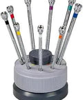 Pro Grade Nine Piece Watchmaker Screwdriver Set With Color Coded Knurled Stainless Shafts in rotating stand