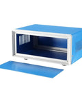 Heavy Duty ABS Plastic Enclosure Built Tough For Garage Mods And Home Upgrades Delivers Knockout Protection For Wiring Against Rain Dust And Grit All Season Long With No Sweat Coverage Inside, blue project box open with removable cover.