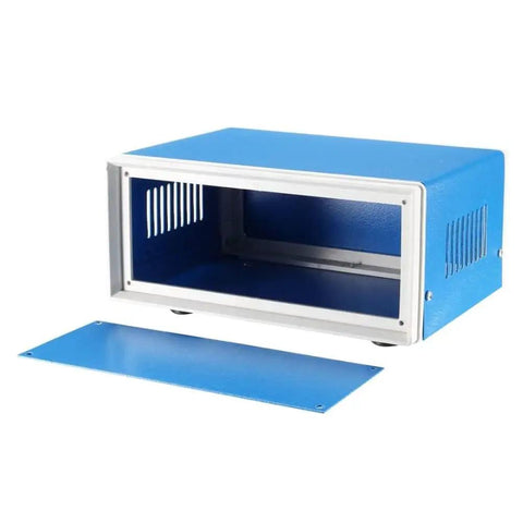 Heavy Duty ABS Plastic Enclosure Built Tough For Garage Mods And Home Upgrades Delivers Knockout Protection For Wiring Against Rain Dust And Grit All Season Long With No Sweat Coverage Inside, blue project box open with removable cover.