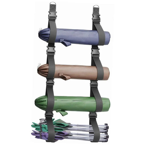 Heavy Duty Adjustable Wall Storage Straps With Badass Rugged Buckles holding yoga mats and tent poles for organized garage storage.