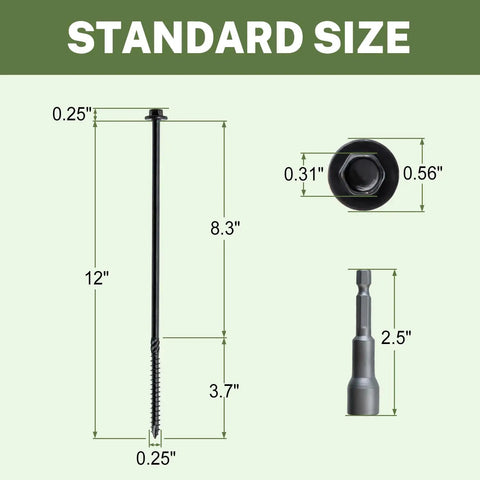 Heavy Duty Timber Screws 60 Pack 12 Inch Structural Lag Bolts dimensions with size details, hex washer head, and knurled shank.