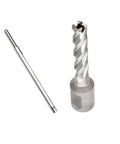 Badass Heavy Duty High Speed Steel Annular Cutter With Weldon Shank And 7/16 Inch Cut Diameter Plus 2 Inch Cutting Depth angled view next to a shank.