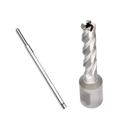 Badass Heavy Duty High Speed Steel Annular Cutter With Weldon Shank And 7/16 Inch Cut Diameter Plus 2 Inch Cutting Depth angled view next to a shank.