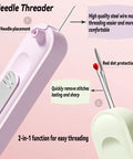 Close-up of Upgraded Automatic Needle Threader Set 3 Pack with needle placement and ripper, features in pastel colors.