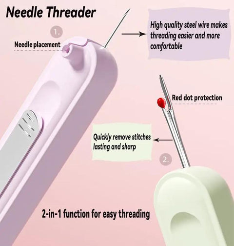 Close-up of Upgraded Automatic Needle Threader Set 3 Pack with needle placement and ripper, features in pastel colors.